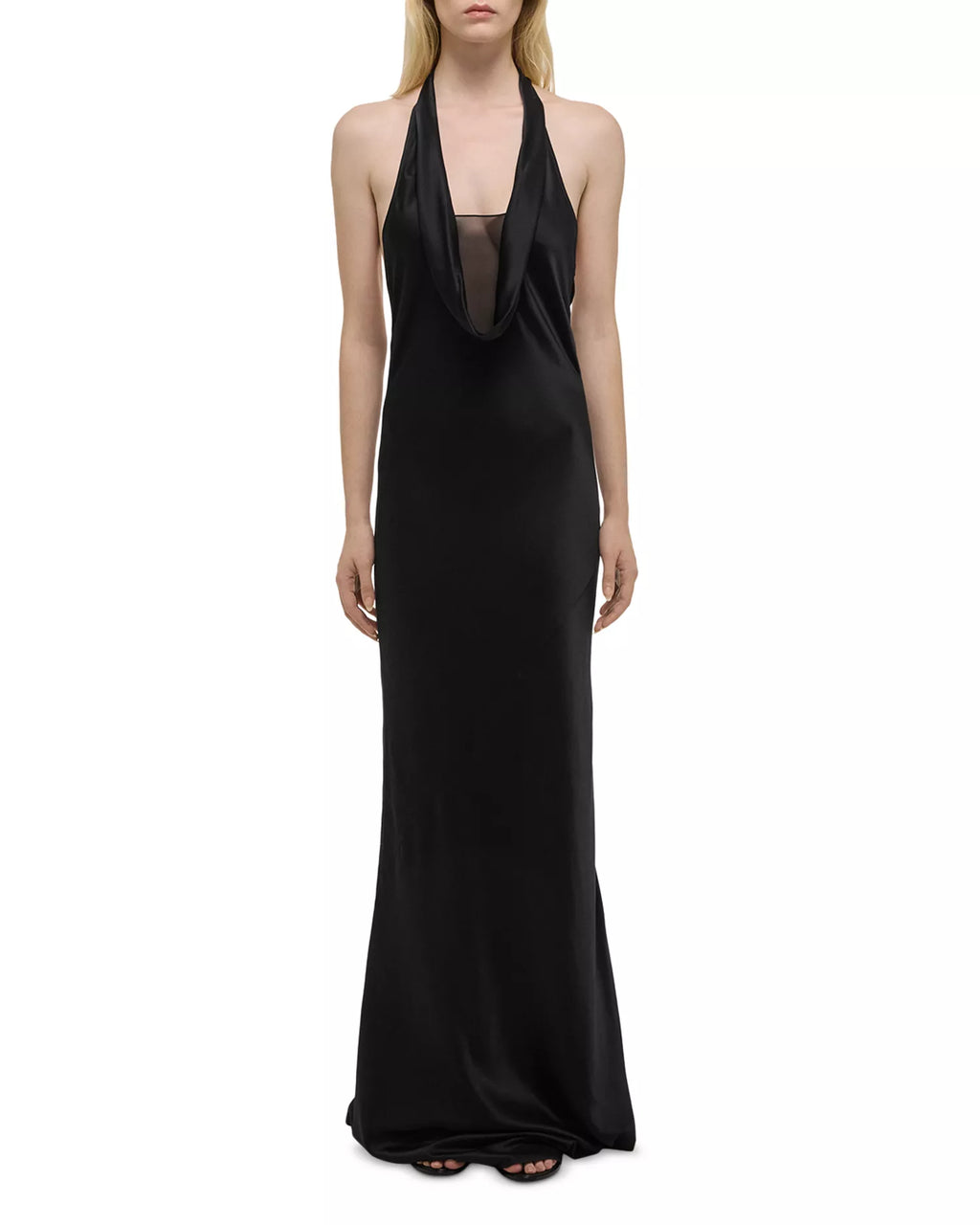 Sleek Sheath Cowl Halter Neck Sleeveless Open Back Floor Length Hot Sale Prom Dress