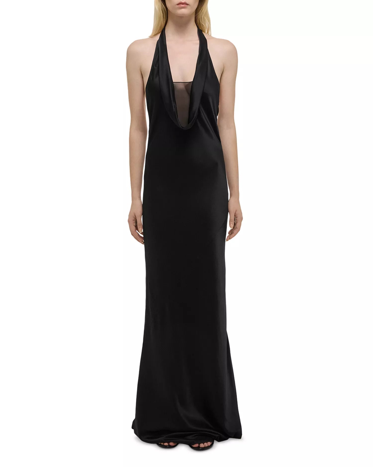 Sleek Sheath Cowl Halter Neck Sleeveless Open Back Floor Length Hot Sale Prom Dress