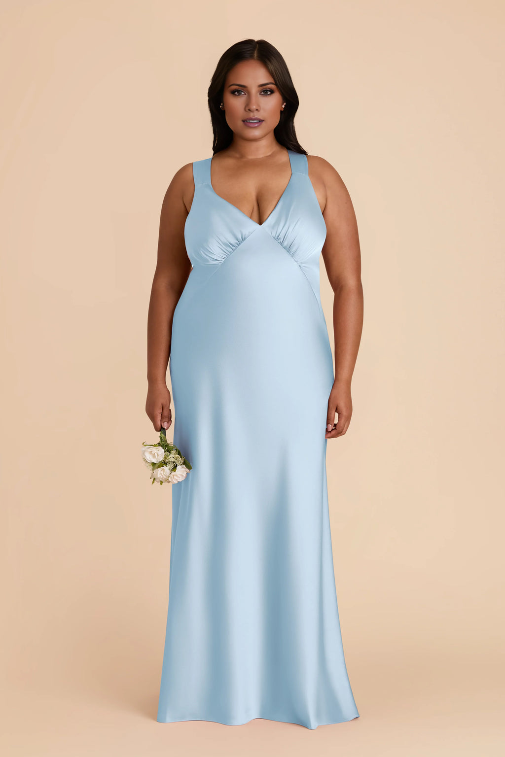 Sleek Sky Blue Satin Deep V-Neck Crisscross Back Maxi Bridesmaid Dress with Ruched Bust Detail