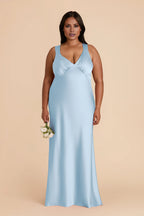 Sleek Sky Blue Satin Deep V-Neck Crisscross Back Maxi Bridesmaid Dress with Ruched Bust Detail