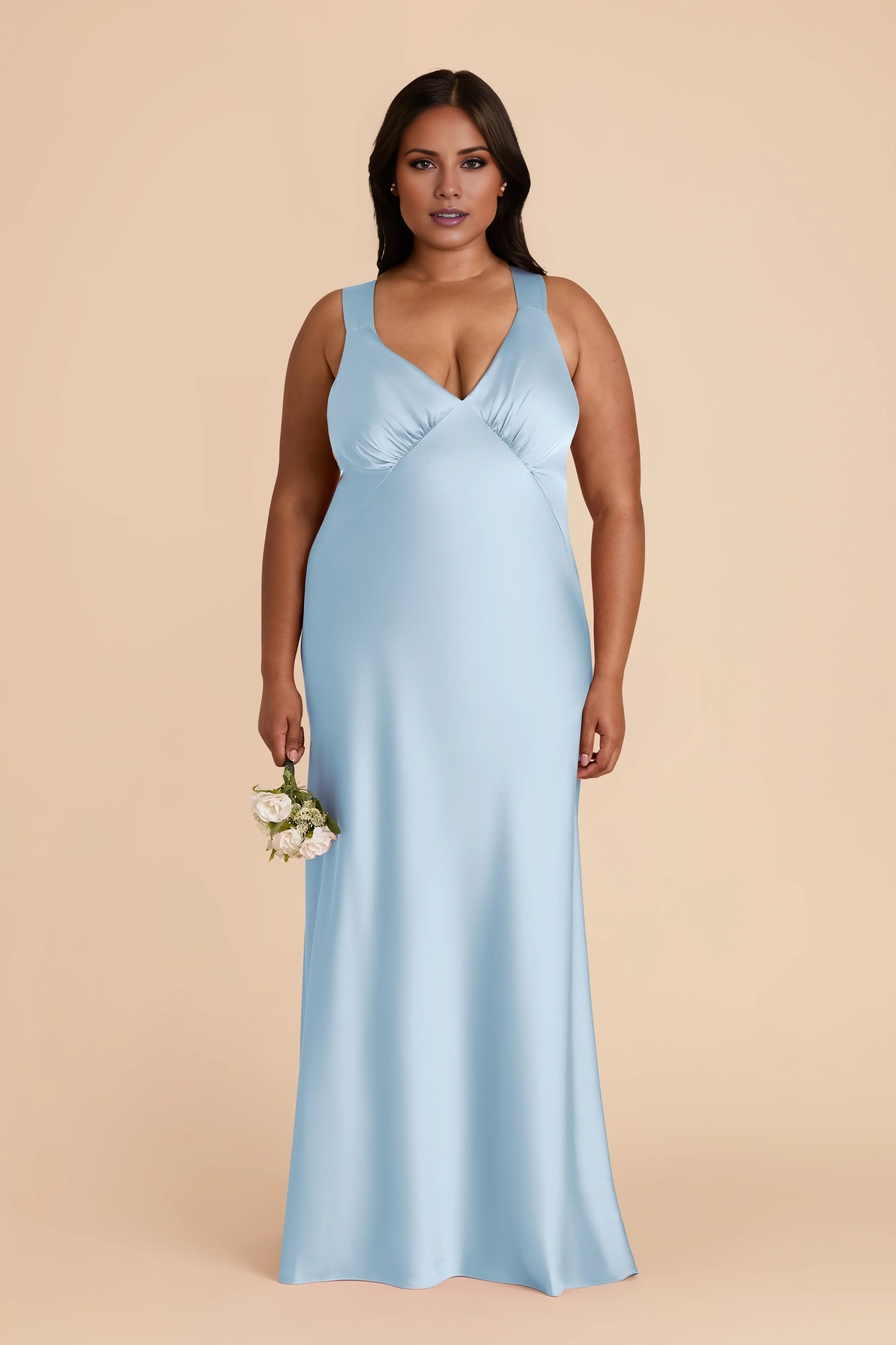 Sleek Sky Blue Satin Deep V-Neck Crisscross Back Maxi Bridesmaid Dress with Ruched Bust Detail