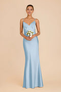 Sleek Sky Blue Satin Deep V-Neck Mermaid Maxi Bridesmaid Dress with Multi-Crisscross Back