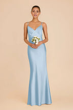 Sleek Sky Blue Satin Deep V-Neck Mermaid Maxi Bridesmaid Dress with Multi-Crisscross Back