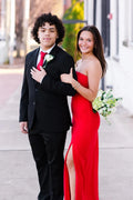 Red Strapless Cutout High-Slit Floor-Length Prom Dress
