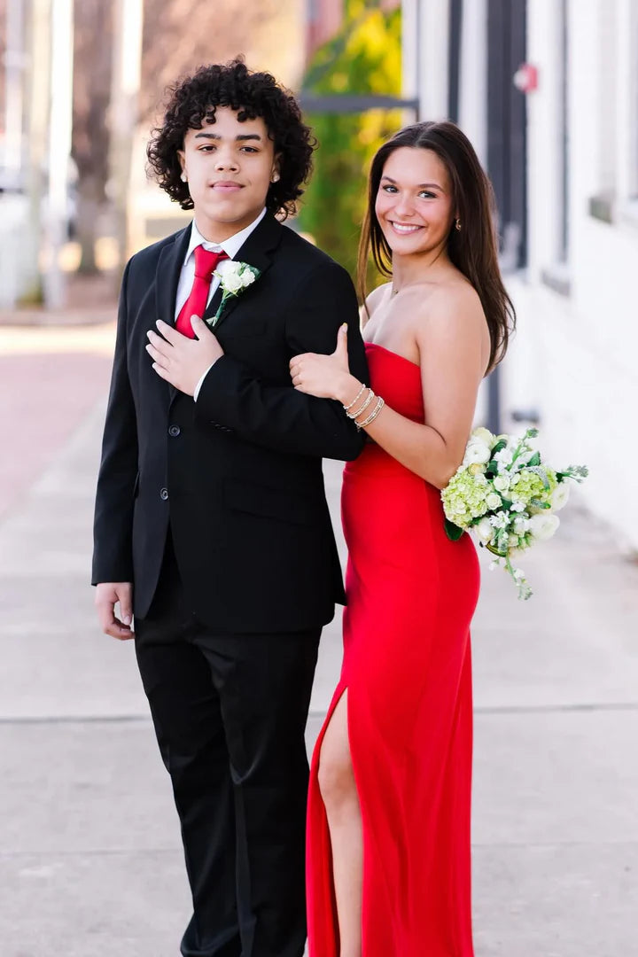 Red Strapless Cutout High-Slit Floor-Length Prom Dress