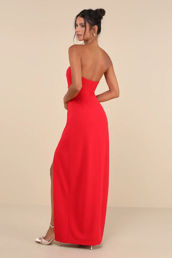 Red Strapless Cutout High-Slit Floor-Length Prom Dress