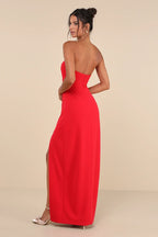 Red Strapless Cutout High-Slit Floor-Length Prom Dress