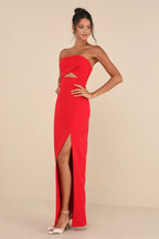 Red Strapless Cutout High-Slit Floor-Length Prom Dress