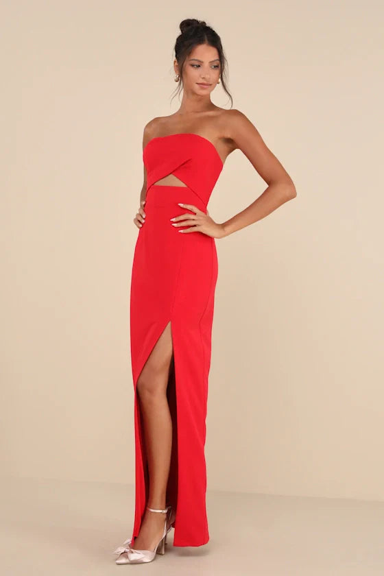 Red Strapless Cutout High-Slit Floor-Length Prom Dress