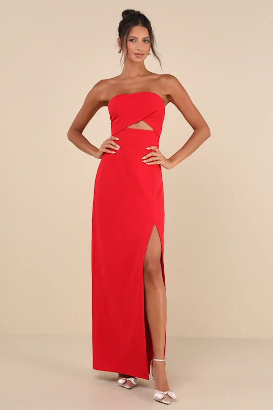 Red Strapless Cutout High-Slit Floor-Length Prom Dress