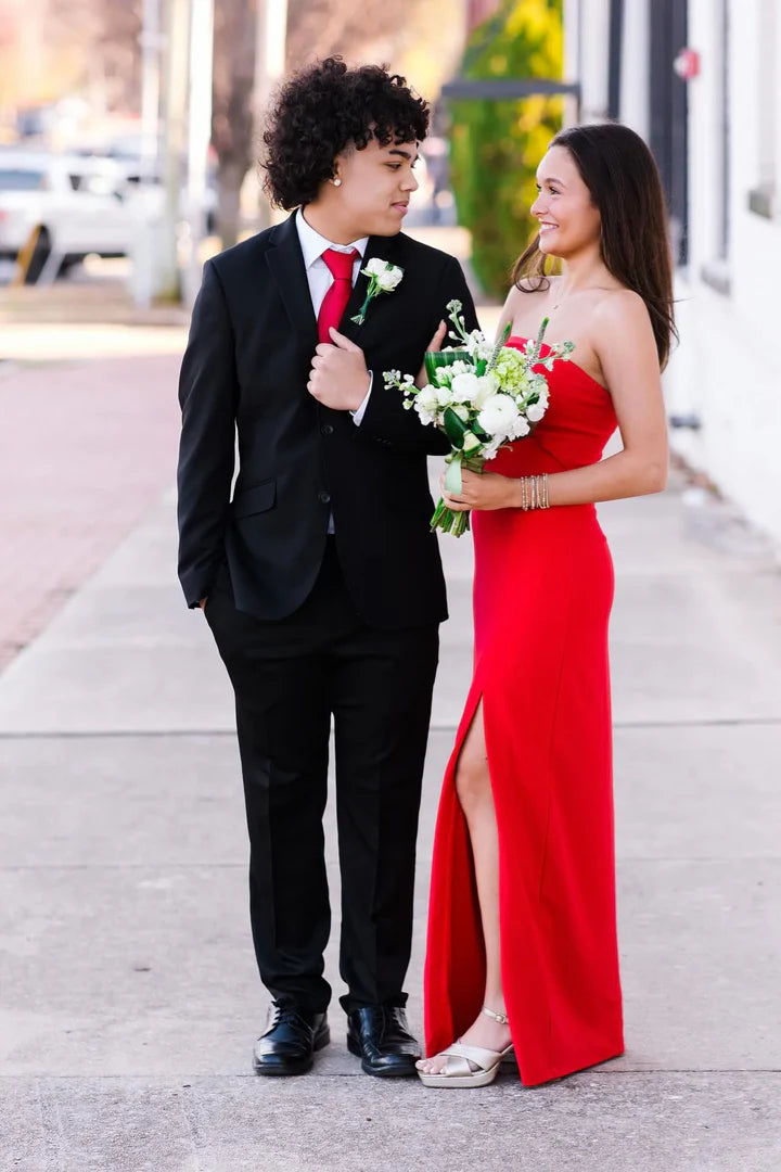 Red Strapless Cutout High-Slit Floor-Length Prom Dress
