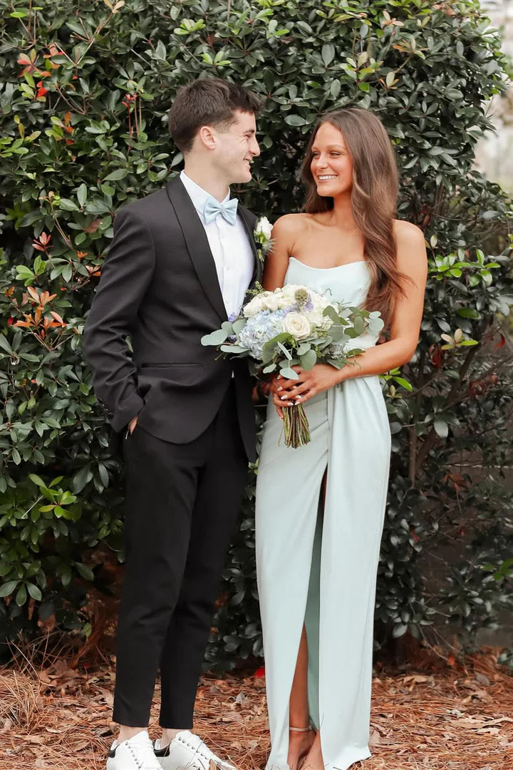 Light Blue Strapless Ruched High-Slit Floor-Length Prom Dress