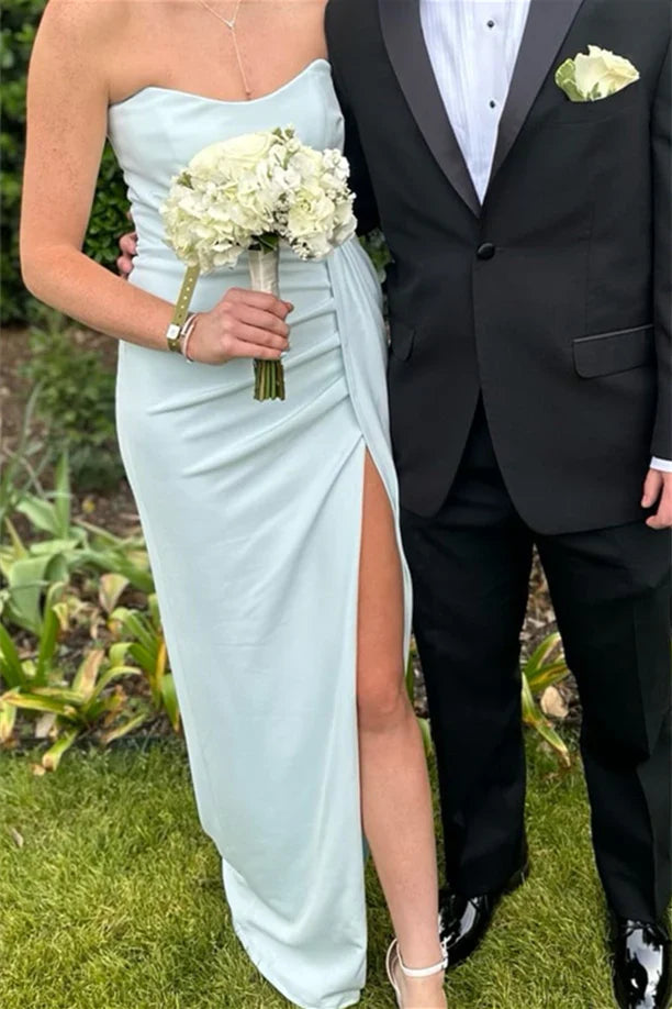 Light Blue Strapless Ruched High-Slit Floor-Length Prom Dress