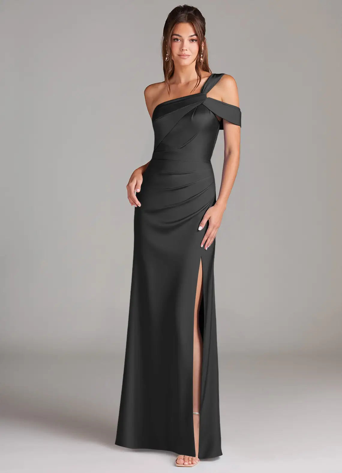 Sleek satin one shoulder floor length bridesmaid dress with ruched waist, high slit and open back