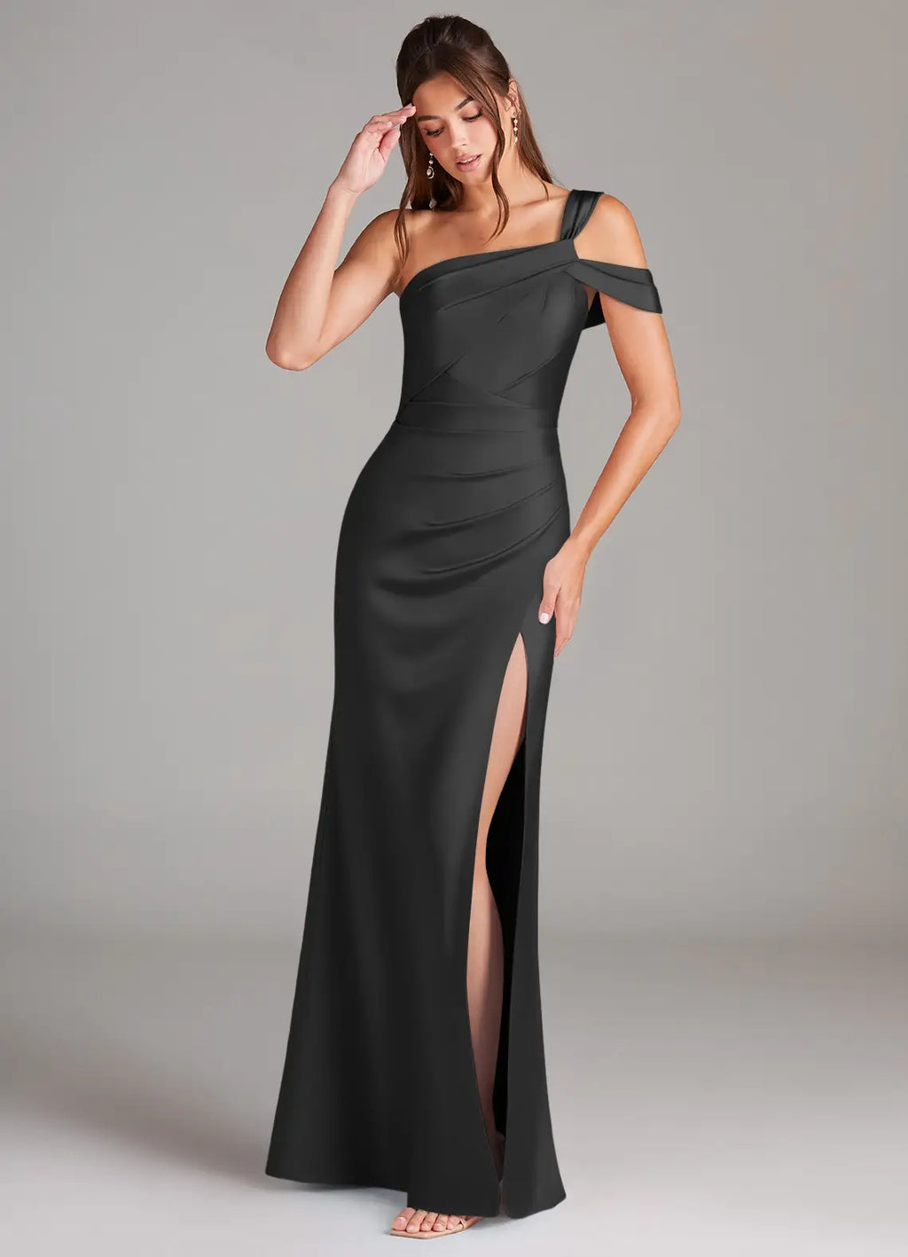 Sleek satin one shoulder floor length bridesmaid dress with ruched waist, high slit and open back