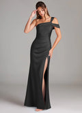 Sleek satin one shoulder floor length bridesmaid dress with ruched waist, high slit and open back