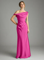 Sleek fuchsia satin bridesmaid dress with convertible one-shoulder, ruched waist and sheath skirt