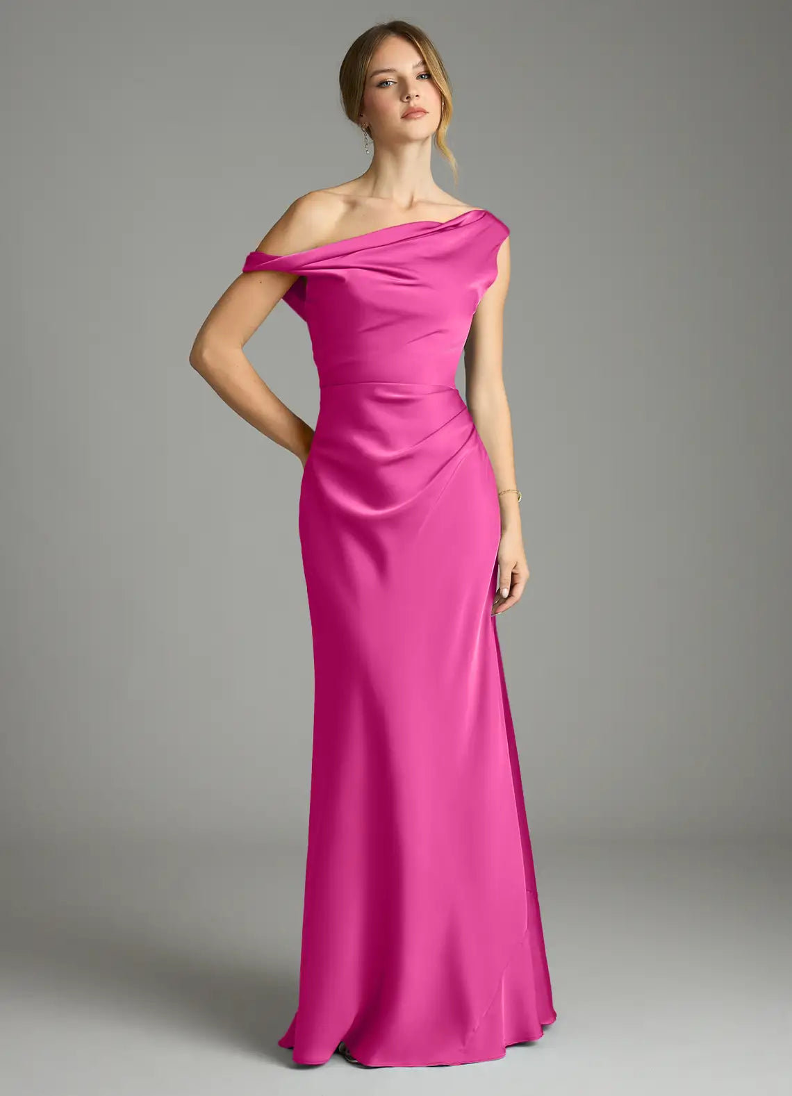 Sleek fuchsia satin bridesmaid dress with convertible one-shoulder, ruched waist and sheath skirt