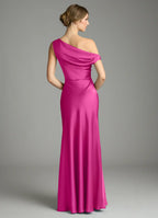 Sleek fuchsia satin bridesmaid dress with convertible one-shoulder, ruched waist and sheath skirt