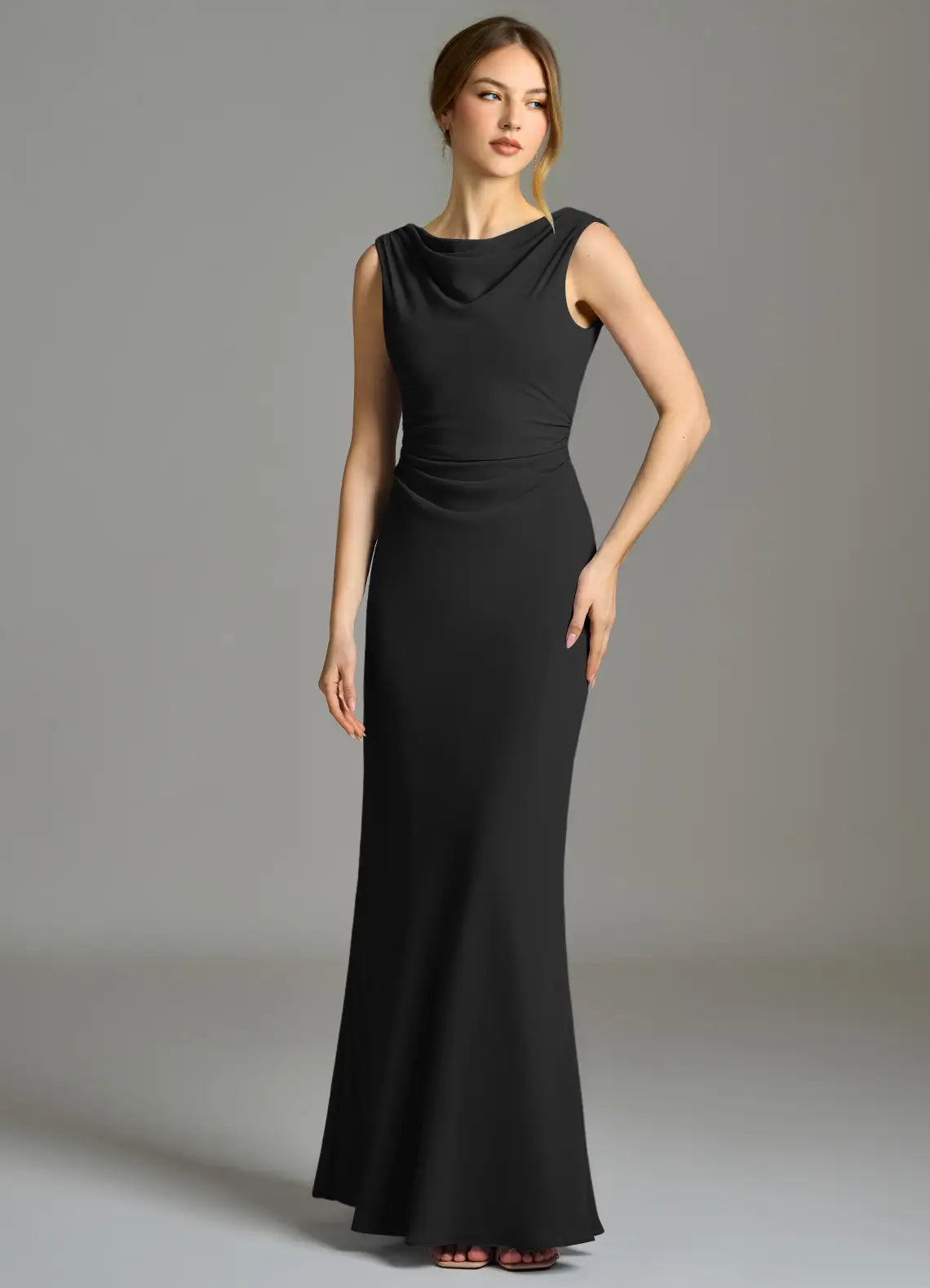 Sleek jersey cowl neck floor length bridesmaid dress with ruched waist, open back and cutout detail
