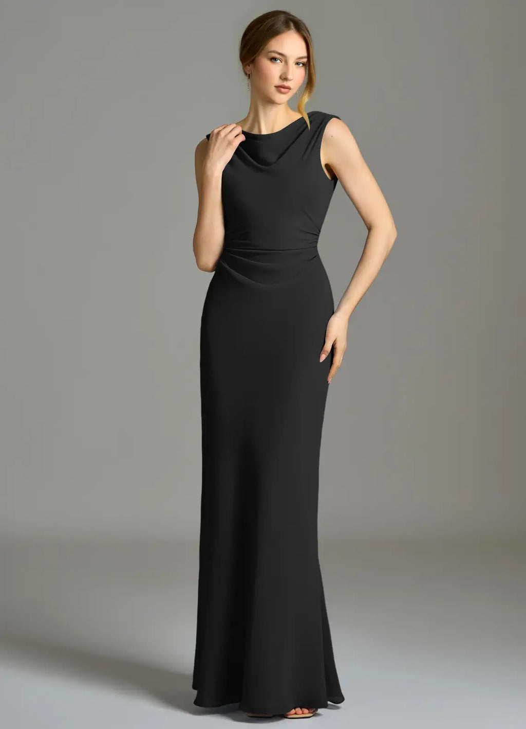 Sleek jersey cowl neck floor length bridesmaid dress with ruched waist, open back and cutout detail
