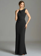 Sleek jersey cowl neck floor length bridesmaid dress with ruched waist, open back and cutout detail