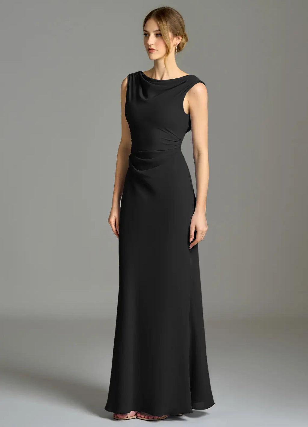 Sleek jersey cowl neck floor length bridesmaid dress with ruched waist, open back and cutout detail