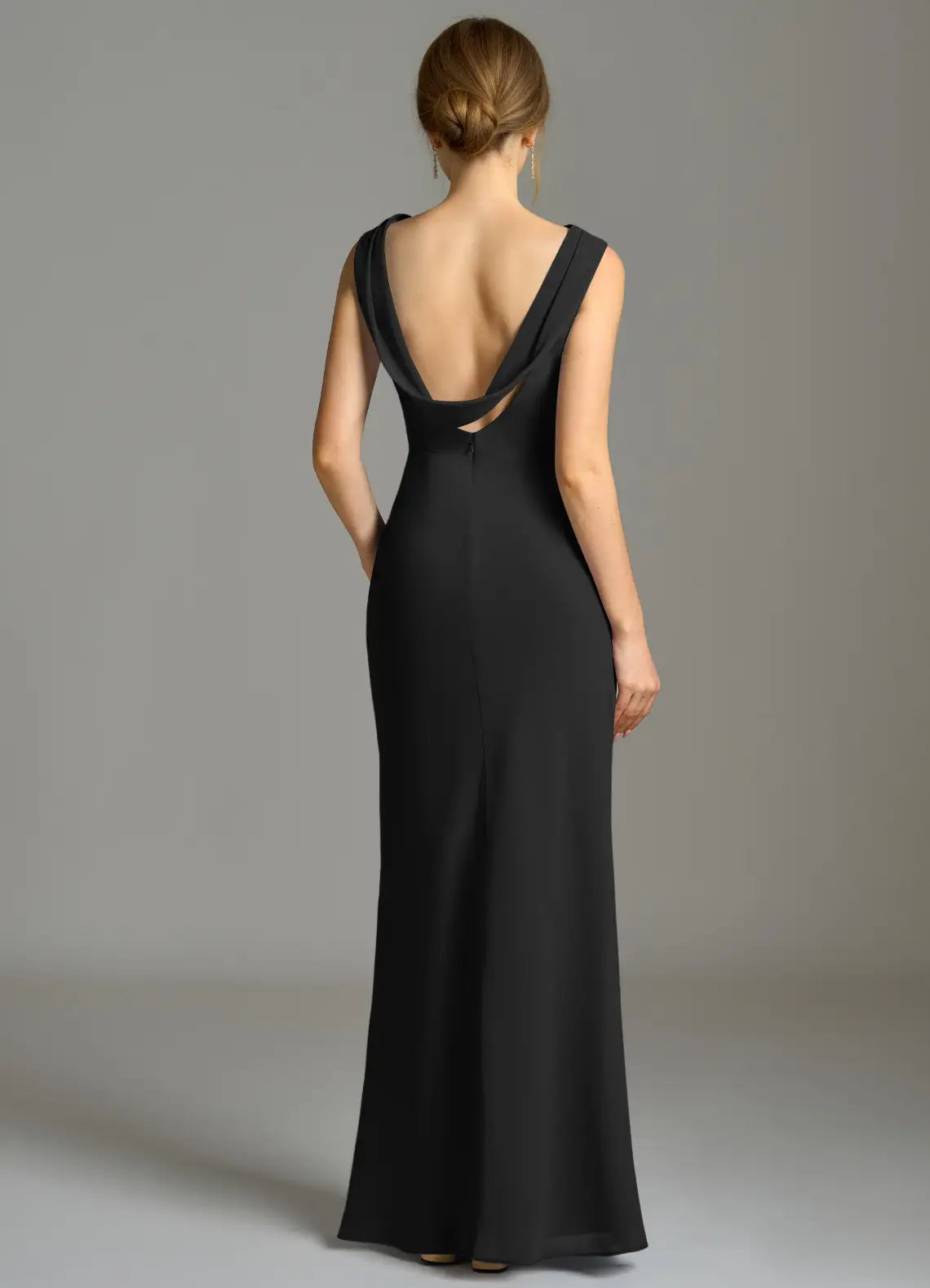 Sleek jersey cowl neck floor length bridesmaid dress with ruched waist, open back and cutout detail