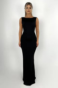 Sleeveless Boat Neck Sheath Deep Cut Back Floor Length For Ladies Prom Dress