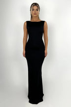 Sleeveless Boat Neck Sheath Deep Cut Back Floor Length For Ladies Prom Dress