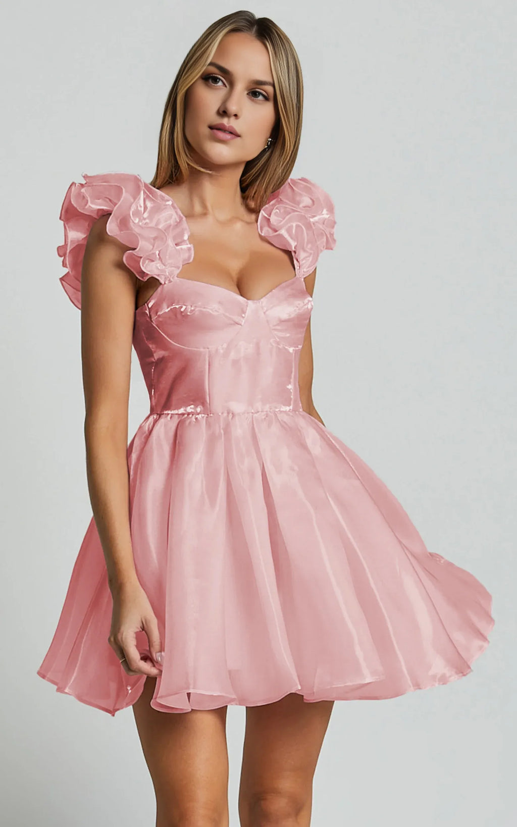 Pink Sleeveless Ruffle Detail Sweetheart Pleated Knee-Length Dress A-Line Solid Color Fashion Zipper Up Homecoming Dress