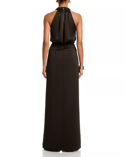 Robe de bal longue sans manches à col licou et dos nu en trou de serrure, coupe fluide, pour vente chaude