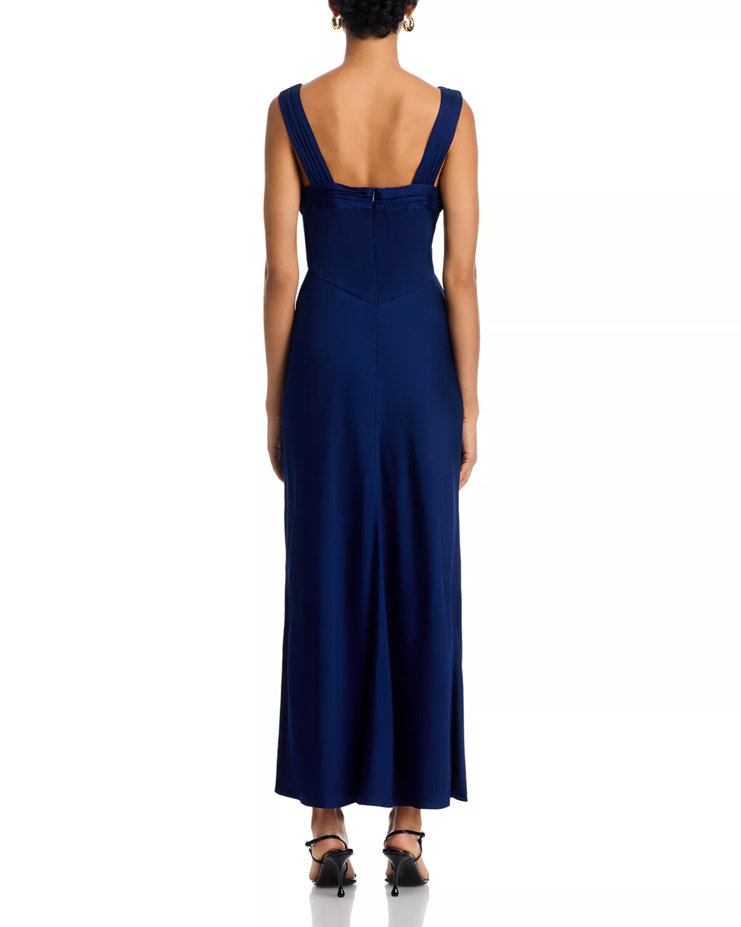 Smooth Sheath Deep V Neck Ruched Strap Open Back Midi Length Hot Sale Prom Dress