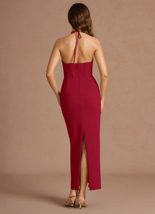 Robe de bal mi-longue pour femme, coupe ajustée, décolleté licou, sans manches, dos ouvert
