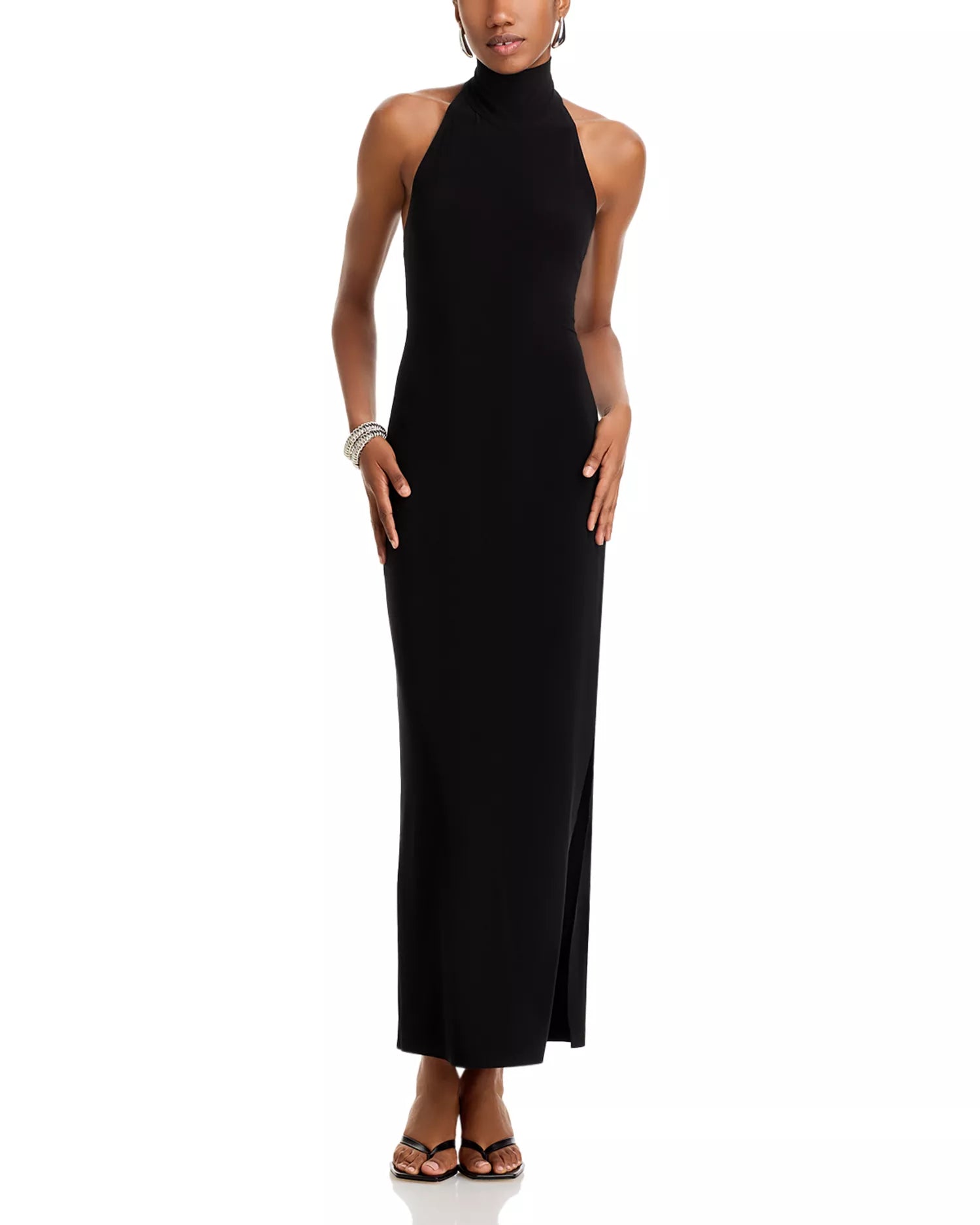 Smooth Sheath Turtleneck Halter Sleeveless Open Back Floor Length For Adults Prom Dress