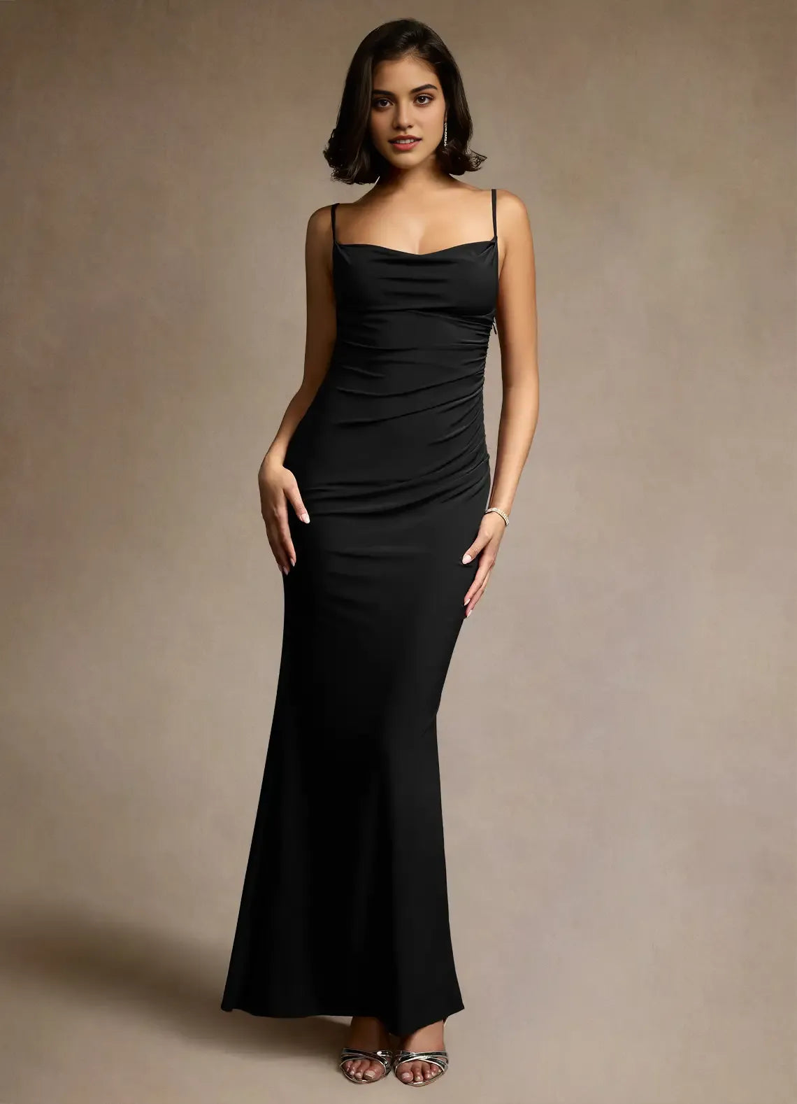 Smooth Trumpet Square Neck Spaghetti Strap Lace Overlay Back Floor Length Female Prom Dress