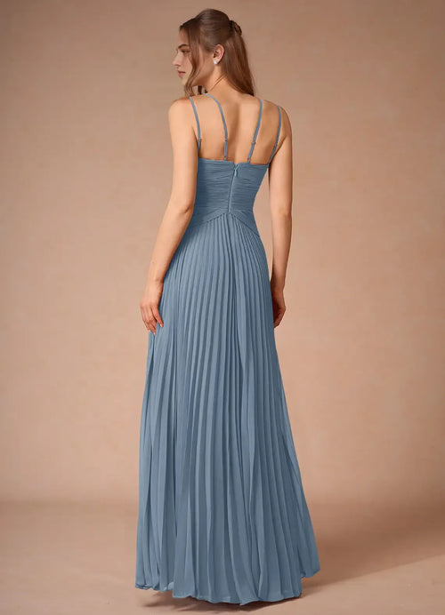 Robe de bal longue pour femme, coupe trapèze douce, col fendu, fines bretelles, dos à lanières croisées