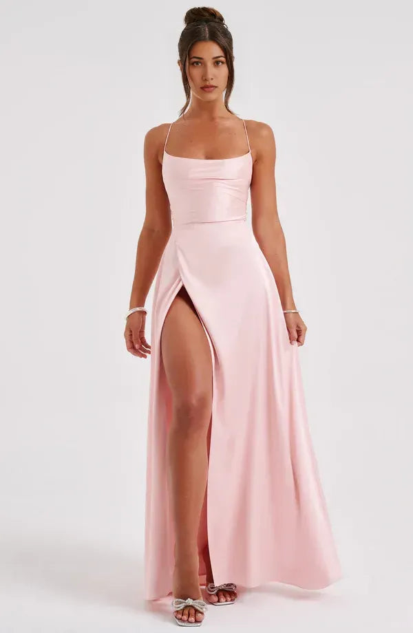 Soft A Line Square Neck Spaghetti Strap Lace Up Back Floor Length For Sale Evening Dress