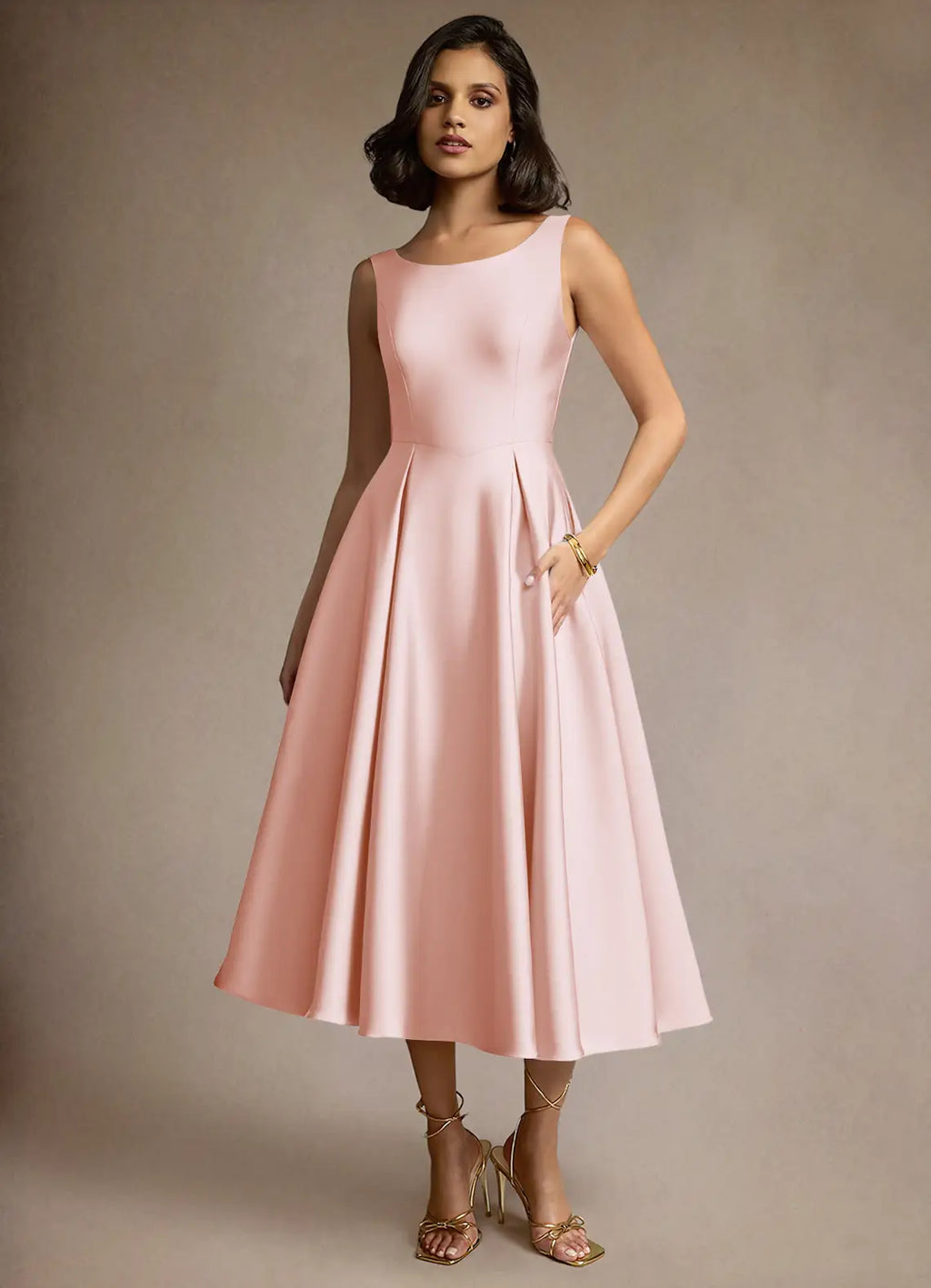 Soft Fit and Flare Boat Neck Sleeveless V Back Tea Length For Women Prom Dress