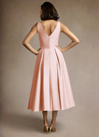 Soft Fit and Flare Boat Neck Sleeveless V Back Tea Length For Women Prom Dress