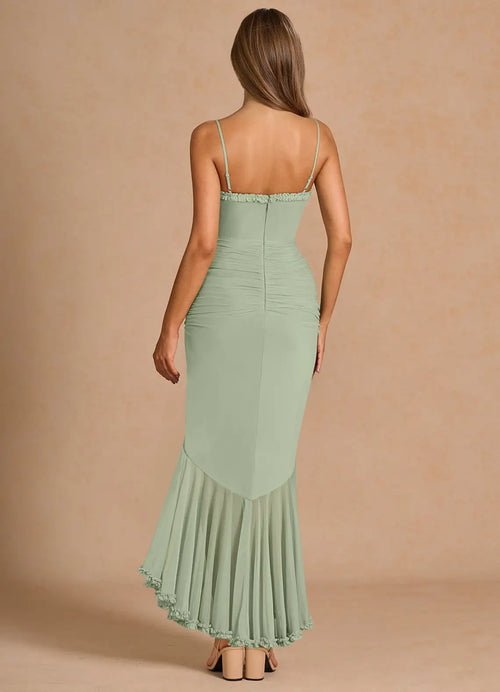 Robe de bal sirène souple à fines bretelles, sans manches, dos ouvert, coupe haute-basse pour femme