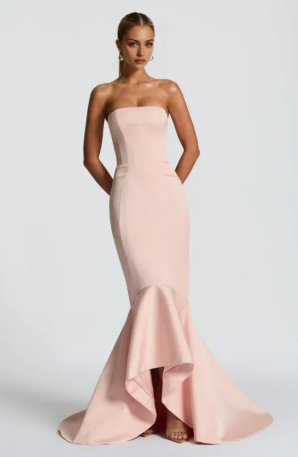 Soft Mermaid Strapless Sleeveless Lace Up Back Train Floor Length Female Evening Dress