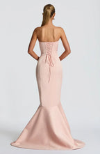 Soft Mermaid Strapless Sleeveless Lace Up Back Train Floor Length Female Evening Dress