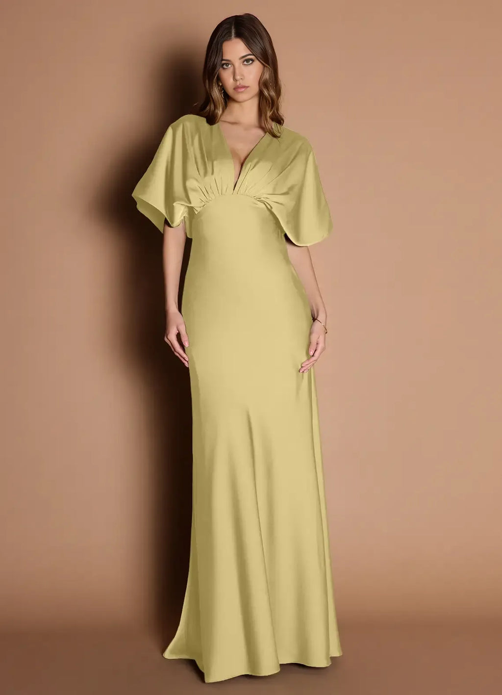 Soft Sheath Deep V Neck Short Sleeve Ruched Back Floor Length Female Prom Dress