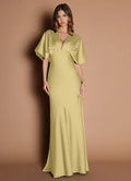 Soft Sheath Deep V Neck Short Sleeve Ruched Back Floor Length Female Prom Dress