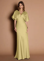 Soft Sheath Deep V Neck Short Sleeve Ruched Back Floor Length Female Prom Dress