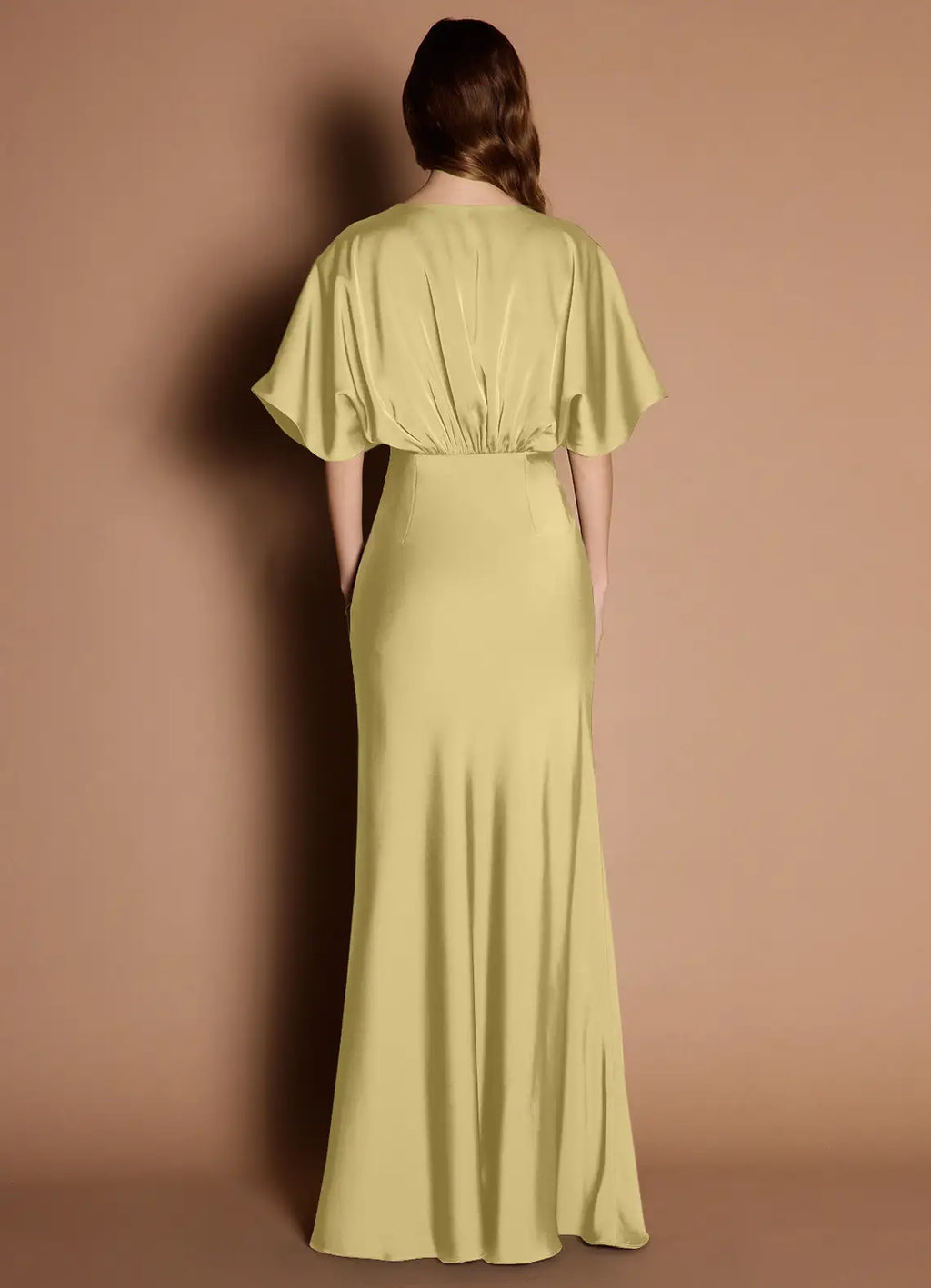 Soft Sheath Deep V Neck Short Sleeve Ruched Back Floor Length Female Prom Dress