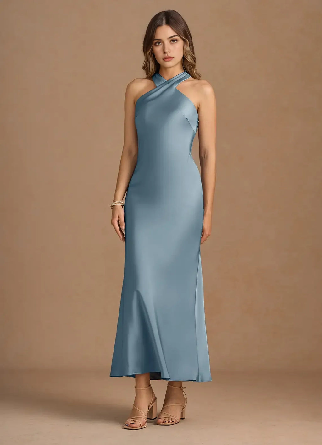 Soft Sheath Halter Neck Sleeveless Bow Back Midi Length For Ladies Prom Dress ﻿