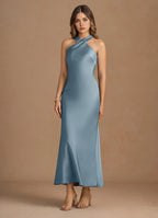 Soft Sheath Halter Neck Sleeveless Bow Back Midi Length For Ladies Prom Dress ﻿