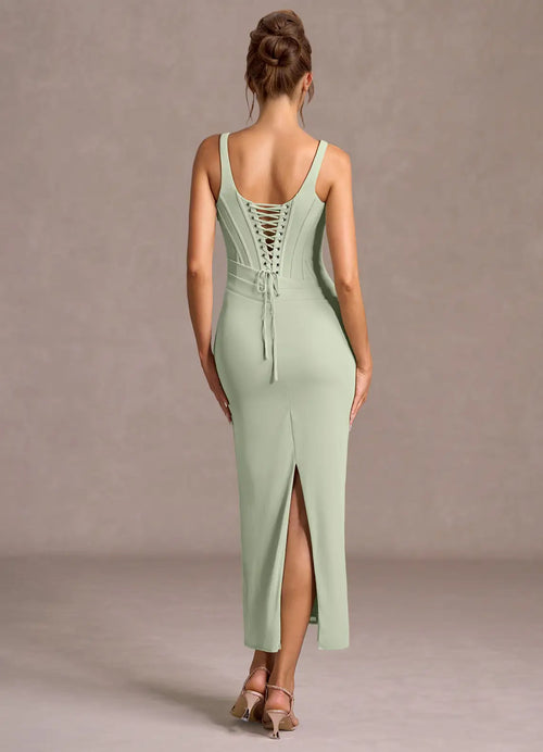 Soft Sheath Square Neck Sleeveless Lace Up Back Midi Length Hot sale Prom Dress